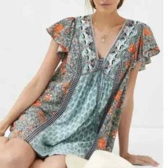 Anthropologie Astrid Tunic V Neck Floral Printed Lace Flutter Sleeve Dress S