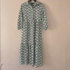 Rachel Zoe Green and White Fan Print Tiered Shirt Dress Size XS