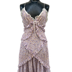 For Love & Lemons CAYNE Maxi Dress SIZE M lavender ruffles crisscross tie back
