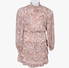 1.State High Neck Paisley Mini Dress Long Sleeve Smocked Ruffle Skirt Size Large