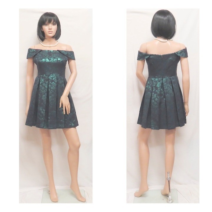 Off Shoulder Metallic Jacquard Fit Flare Dress Shimmer Green Gianni Bini Large