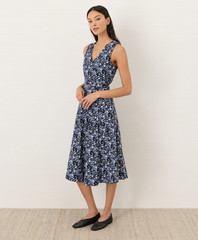PACT Organic Fit & Flare Easy V-Neck Dress, Paradise Petals Navy Blue Color, New