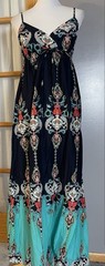 Vtg 90s Xhilaration Bohemian Maxi Dress XL Blue Green Filigree High Waist Beach