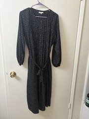 Max Studio Black/White Polka Dot V-Neck Long Sleeve Shirt Midi Dress Belted S
