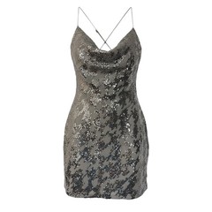 Womens Silver Mini Dress| L| Forever 21 Sequin Cowl Neck Strappy Back Nightcore