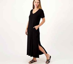 Belle by Kim Gravel Petite Solid V-Neck Maxi Dress Black Petite XX-Small A570753