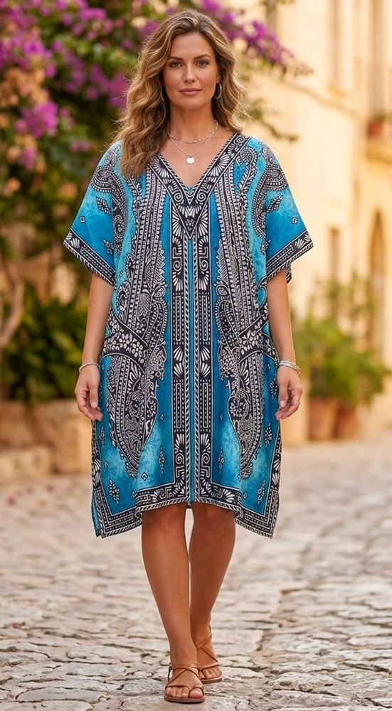 Women’s Paisley Print Turquoise Tunic Blouse Size L 34&Prime; Bust Boho Chic