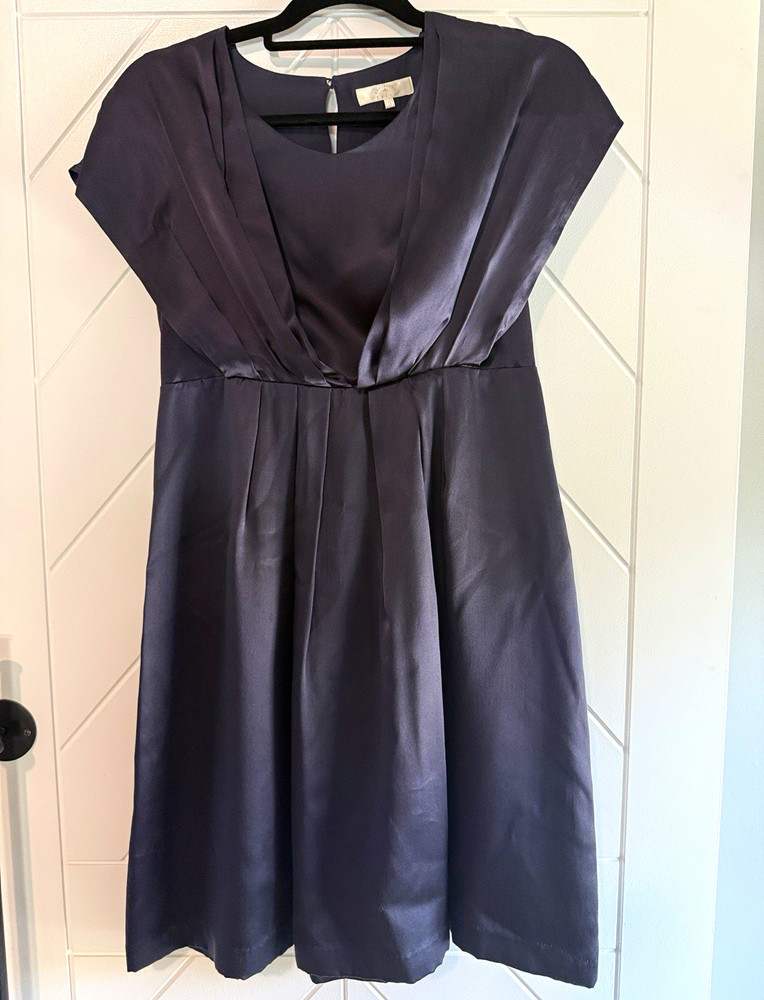 Kumikyoku Navy Solid Round Neck Cap Sleeve Silk Chiffon A-Line Dress 3 Zip