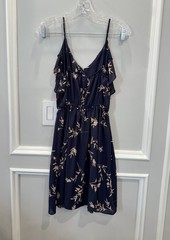 AQUA Bloomingdale’s Navy Blue Floral Ruffle Dress Pink Cherry Blossom XS