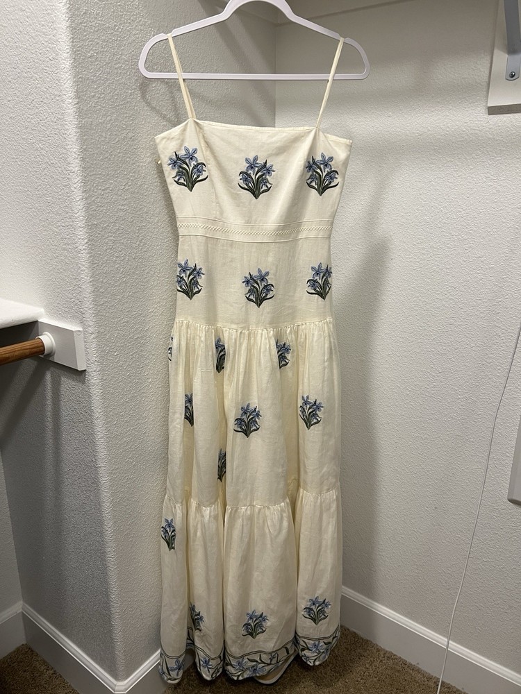 AGUA BENDITA White Floral Embroidered Linen Maxi Dress Sz XS $1000+