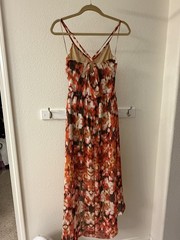 Guess S Orange Red Floral High Low Dress Ruffle V Neck Boho Tropical