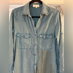 Cloth & Stone Anthropologie Teal Blue Shirt Dress | Large | Frayed Hem | Lyocell