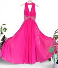 Vtg 70s Mike hot PINK Benet Formals Gown Prom Dance Halter Rhinestones Sz 12