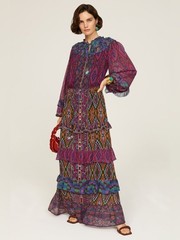 FARM Rio Mixed Tapestry Scarf Multicolor Balloon Sleeve Ruffle Maxi Dress XS