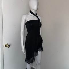 Micas Black Asymmetrical Halter Mini Dress Ruffle Mesh Hem Tube Top Style New L