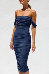 PRETTYGARDEN Wedding Guest Dress Navy Off Shoulder Ruched Bodycon Midi Large