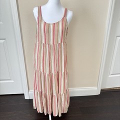 Linda Anderson Tiered Maxi Dress M BOHO Striped Cotton Metallic Thread Coastal
