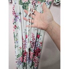 Floral Maxi Dress White Green Pink Rose Floral Boho Smocked Waist Medium