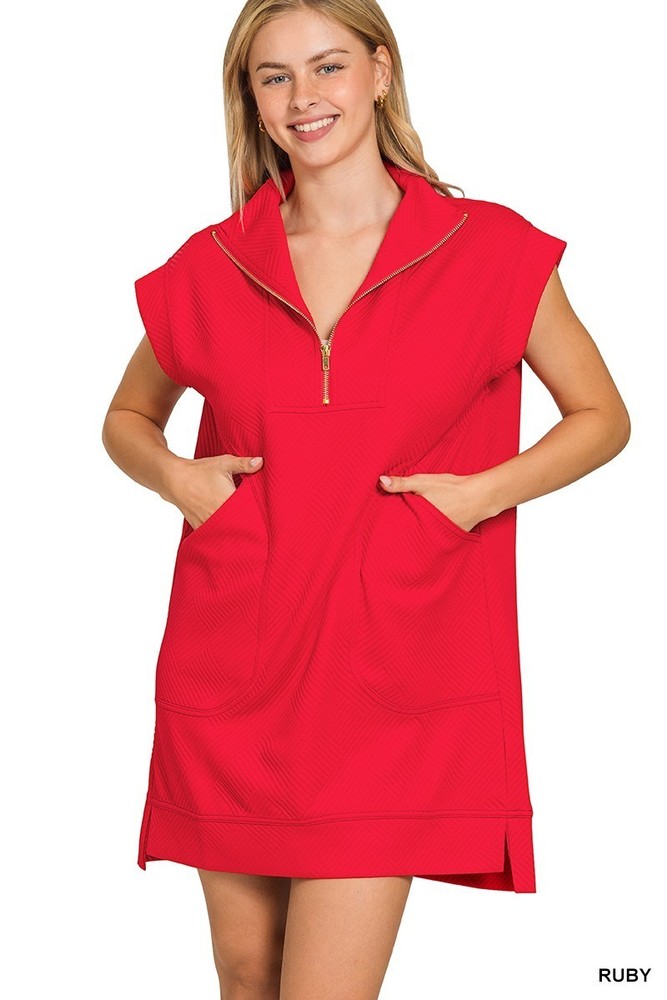 RUBY ZENANA TEXTURED KNIT JACQUARD QUARTER ZIPPER MINI DRESS W/ POCKETS