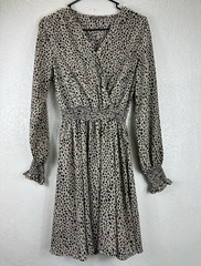 Prettygarden Beige/Black Animal Print V-Neck Smocked Ruffle Dress Size S