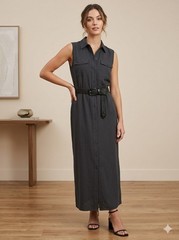 Rafaella Linen Cotton Blend Maxi Sleeveless Shirt Dress With Belt Black Sz 12
