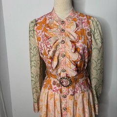 Multicolored Mixed Floral Print Rhinestone Belted Ruffle Shirt Dress Medium Boho