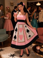 Retro Pin Up Playing Card Dress Pink Rockabilly Swing Dress Women&rsquo;s Medium