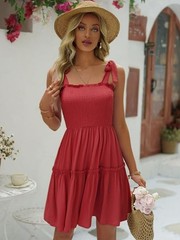 Womens Summer Casual Dress L Spaghetti Strap Smocked Dress Ruffles Red