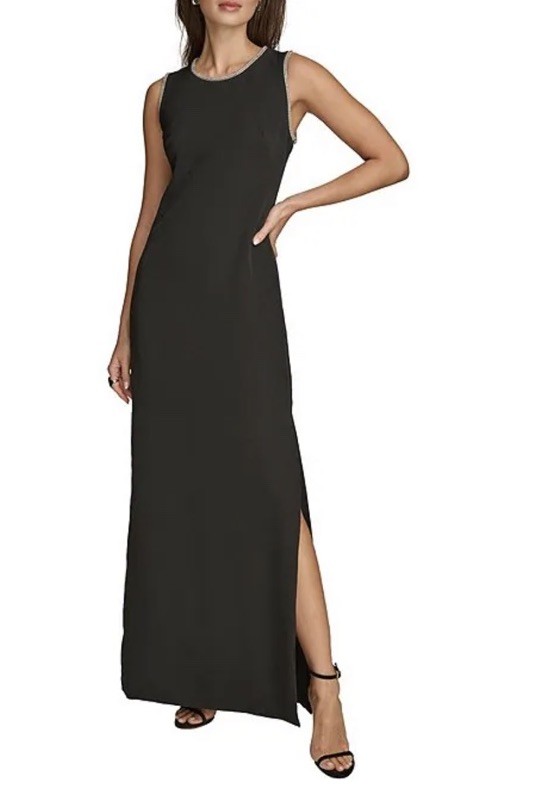 Donna Karen Women Black Maxi Slit Embellished Open Back Gown Dress Size 12