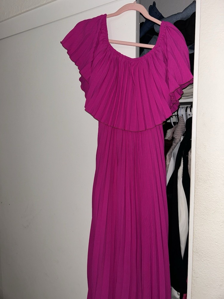 Women&rsquo;s Pink Solid Off Shoulder Pleated Ruffle Maxi Dress Size L Long