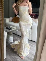 Bella Barnett ivory floral embroidered mesh strapless sheer maxi gown S