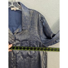 Mystree Metallic Foil Button Down Shirt Dress Roll Tab Sleeve Size M Navy Gold