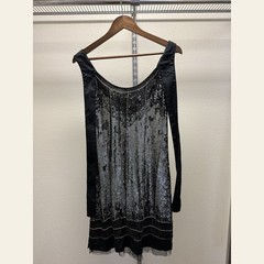 Black Silver Sequin Drop-Waist Flapper Mini Dress 1920s Art Deco Style Women&rsquo;s S