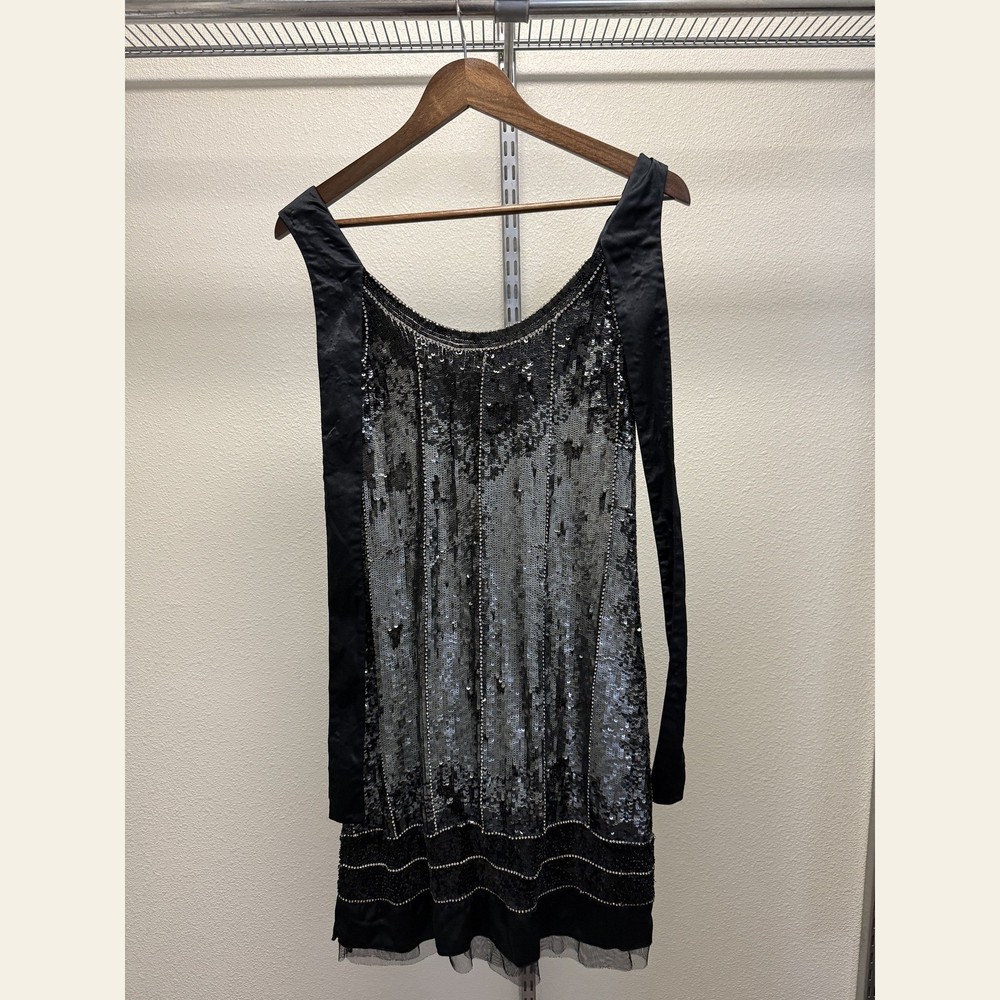 Black Silver Sequin Drop-Waist Flapper Mini Dress 1920s Art Deco Style Women&rsquo;s S