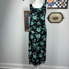 R&K Original Black Midi Dress w/ Green & White Floral Design – SIZE 10P Boho