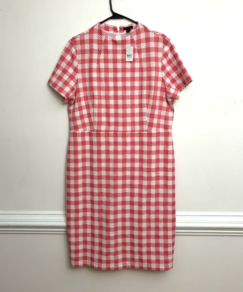 Ann Taylor Dress Sz 14 Coral White Check Mock Neck Short Sleeve Sheath