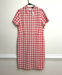 Ann Taylor Dress Sz 14 Coral White Check Mock Neck Short Sleeve Sheath
