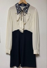 Miu Miu Dress Size 38 Black Cream Silk Cute Collar 87cm Length