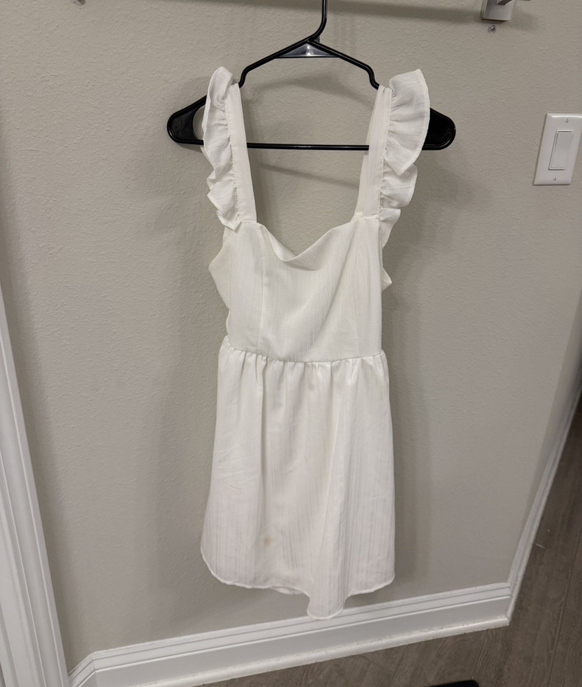 Altar&rsquo;d State White Solid Dress S Square Neck Ruffle Strap Bow Elastic Waist