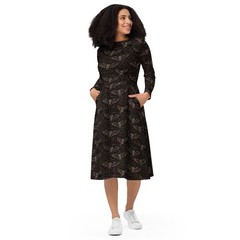 Vampire Skeleton Bats Gothic Night Sky Long Sleeve Midi Dress Pockets Alt Gift
