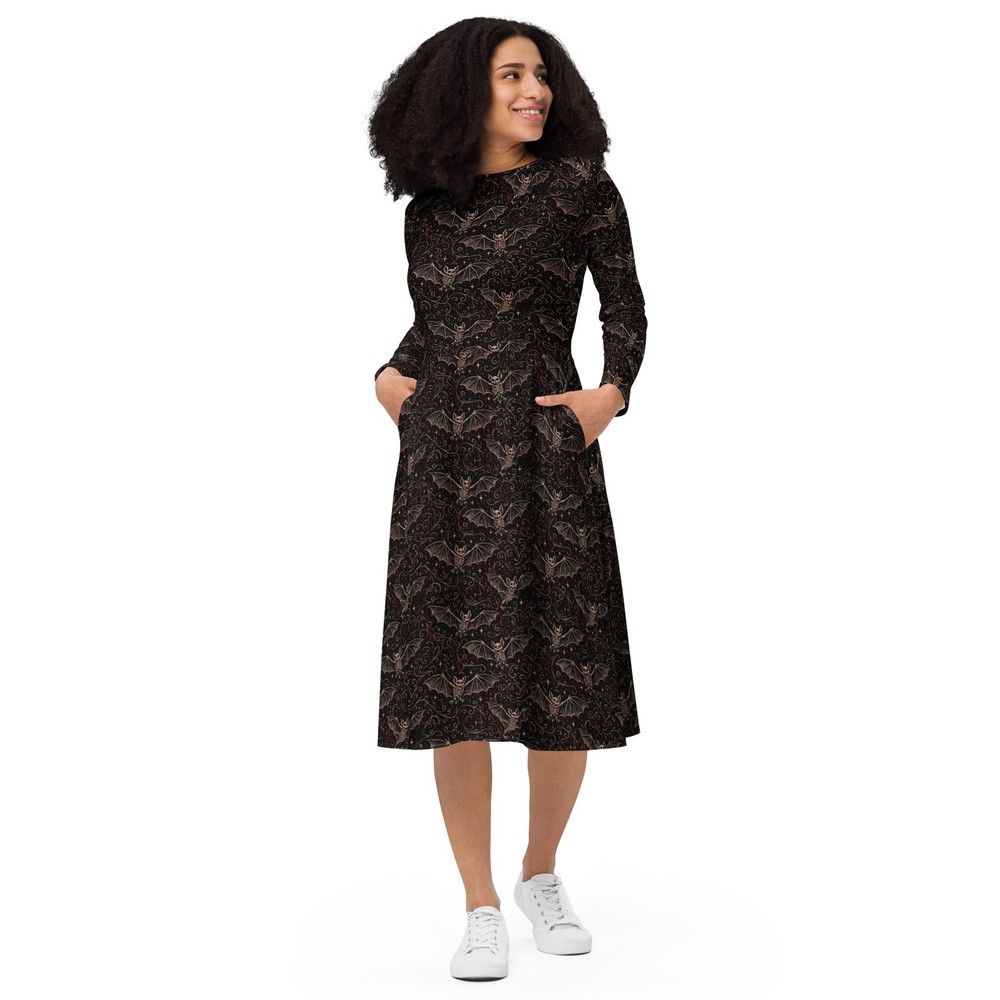 Vampire Skeleton Bats Gothic Night Sky Long Sleeve Midi Dress Pockets Alt Gift