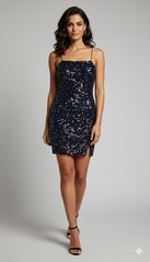 Twilight Navy NYE Sequin Sparkle Spaghetti Strap Mini Dress, Medium