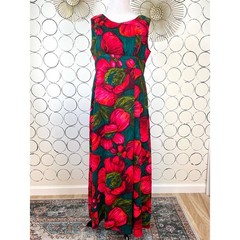 Vintage Lolas Hawaii Womens Floral Hawaiian Maxi Dress Green Pink Retro Tropical