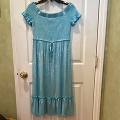 Michael Kors Women Turquoise Foil Off The Shoulder Smocked Midi Dress Size S EUC