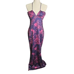 NWT Purple Pink Floral Satin Halter Maxi Dress Open Back Formal Evening Gown XL