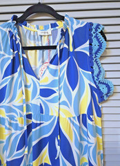blue/ yellow print lace slev tier maxi long dress L