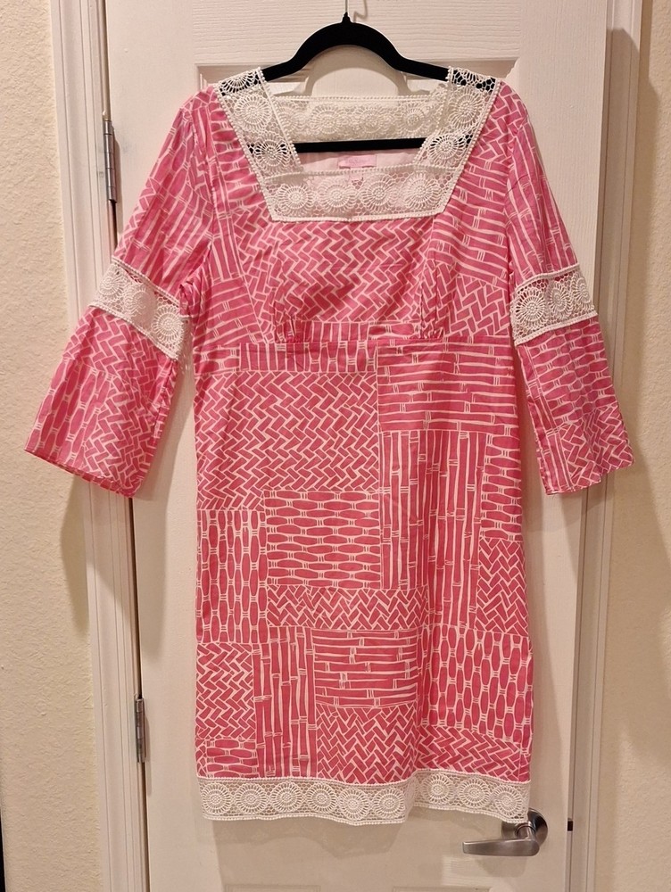 LILLY PULITZER – PATCH PRINT BAMBOO PINK COTTON TUNIC DRESS – SZ M