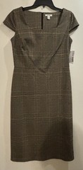 Nine West Plaid Sheath Dress Brown Beige Black Zip Square Neck Short Sleeve M