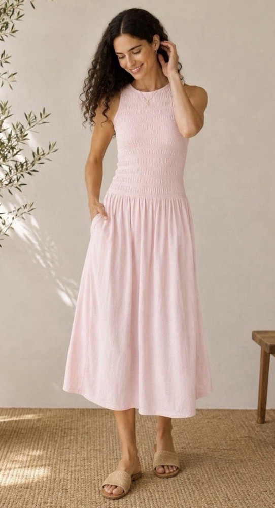 Universal Thread Women’s Pink Solid Smocked Sleeveless Midi Dress Pockets, M