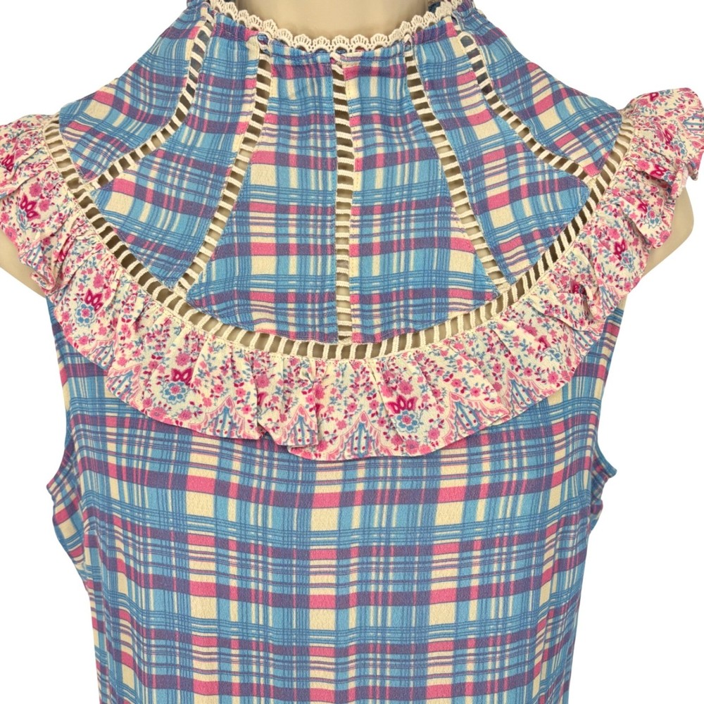 Plenty by Tracy Reese Anthropologie Plaid Floral Ruffle Mini Dress Pink Combo S